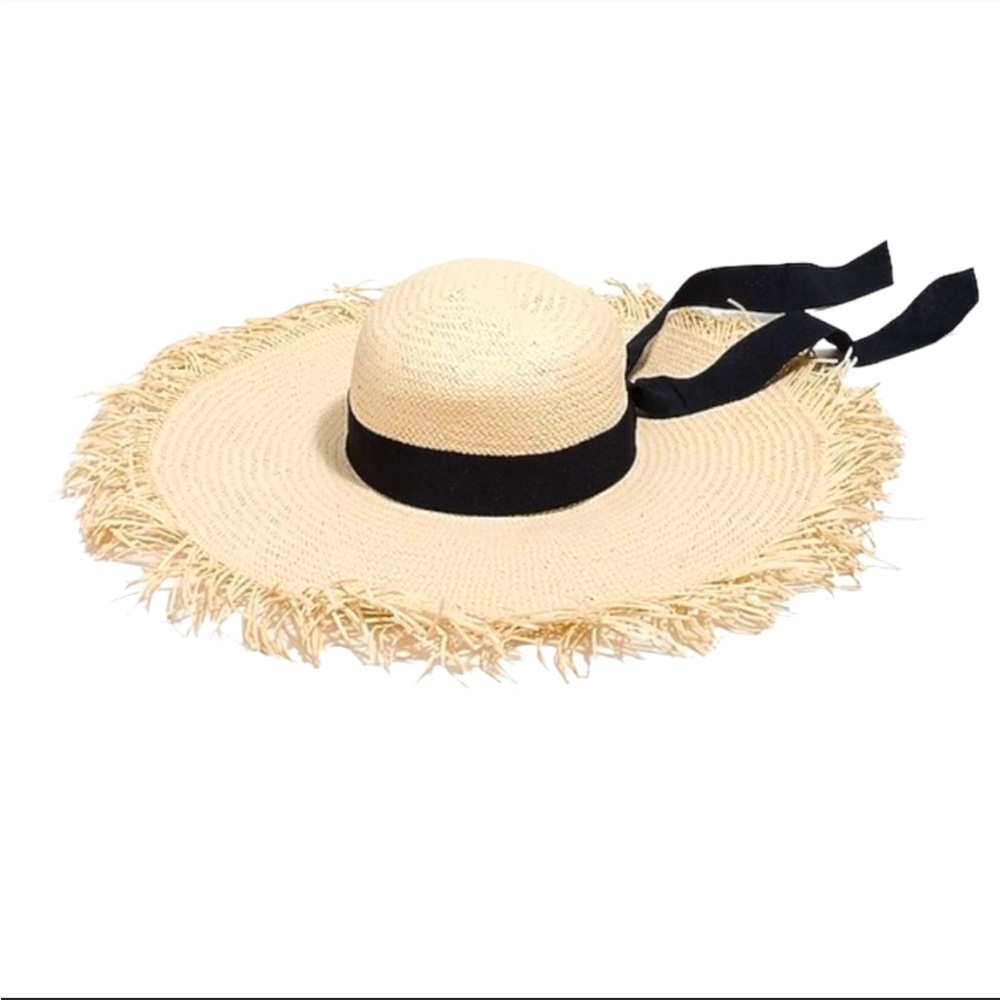 J. CREW Raw Edge Black Ribbon Straw Hat